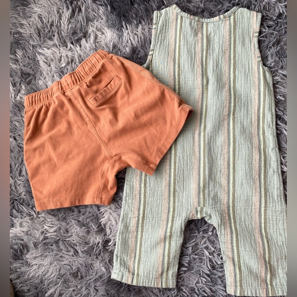 Easy Peasy Romper and Shorts. Sage Green/Burnt Orange. Romper-24M, Shorts-2T. - Picture 2 of 6